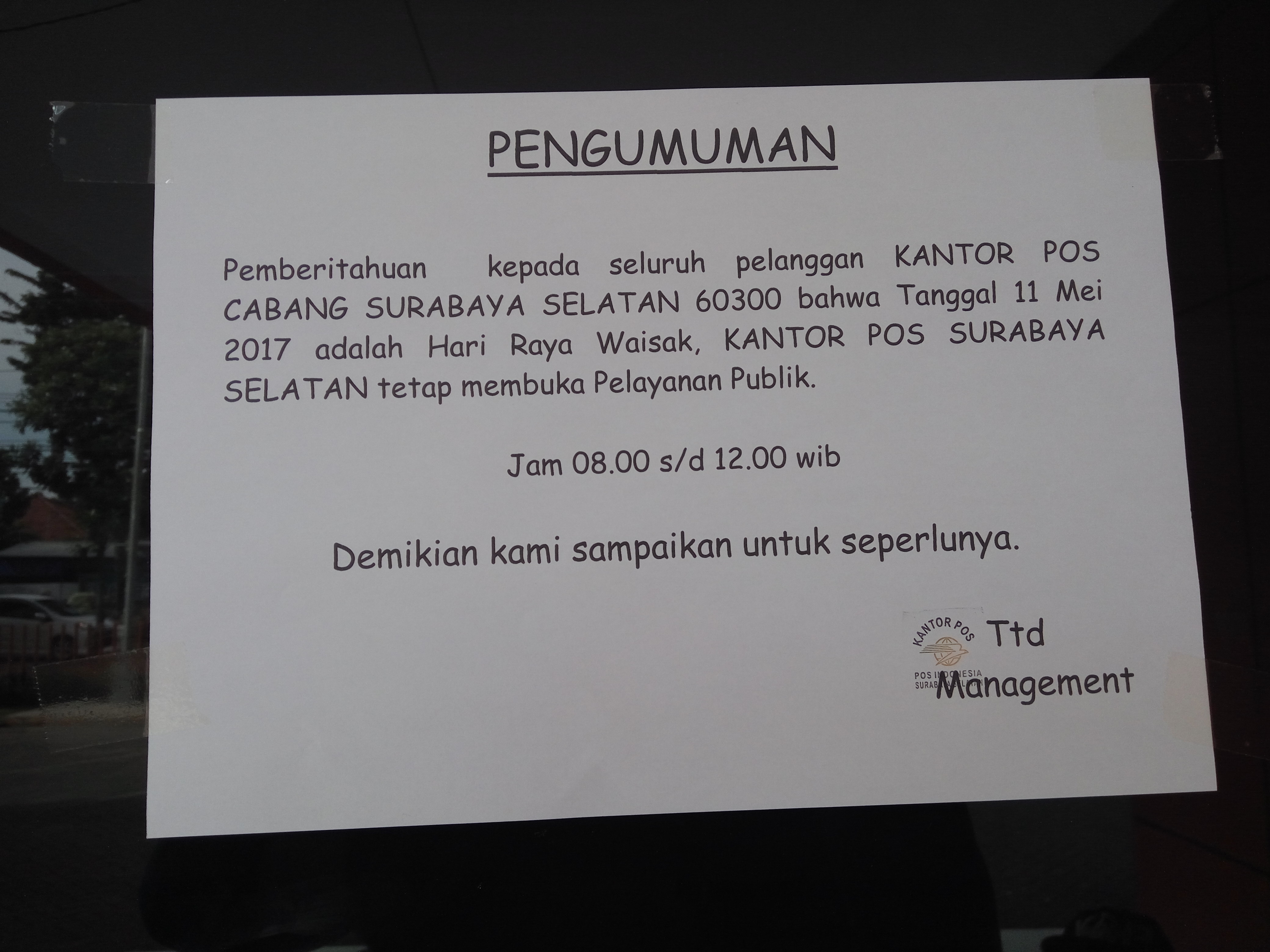 Layanan Pos setengah hari pada hari raya Waisak 2017